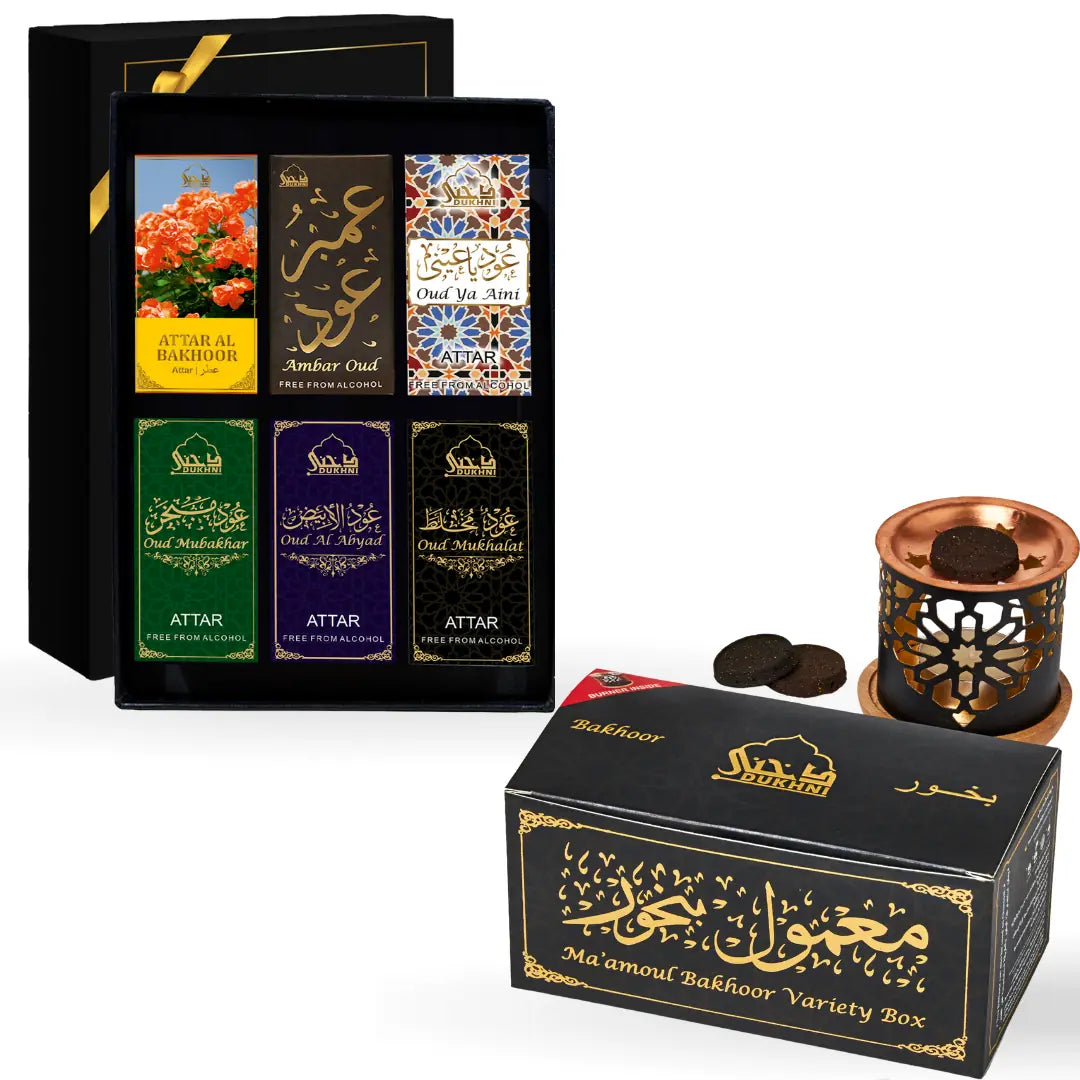 Dukhni Maamoul Bakhoor Variety Box With Smokeless Burner And Maamoul Attar Oil Set Combo Perfect For Gifting