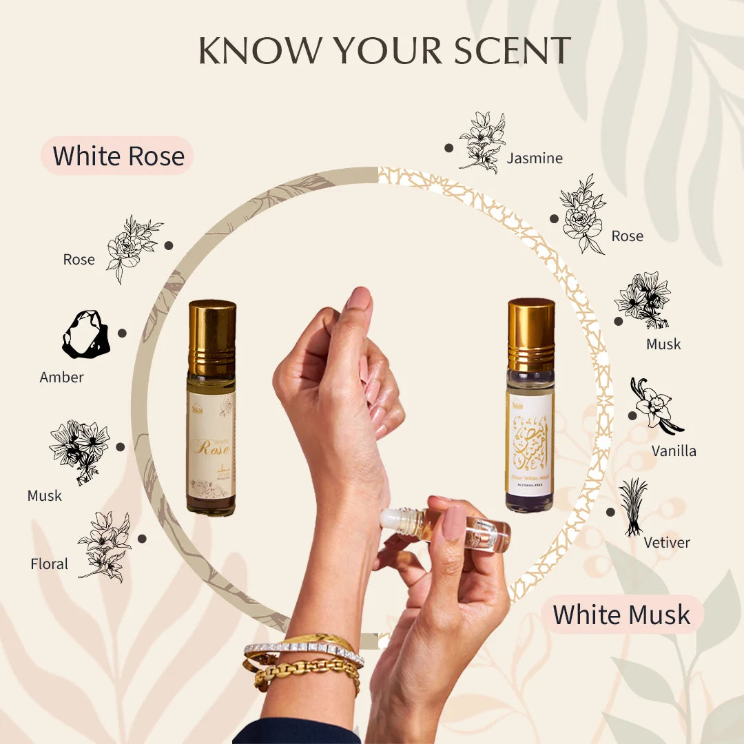 Get White Musk And Rose Scent Attar In This Set Rich Musk Vanilla Rose Floral Fragrance Unisex Attars Islamic Gifts