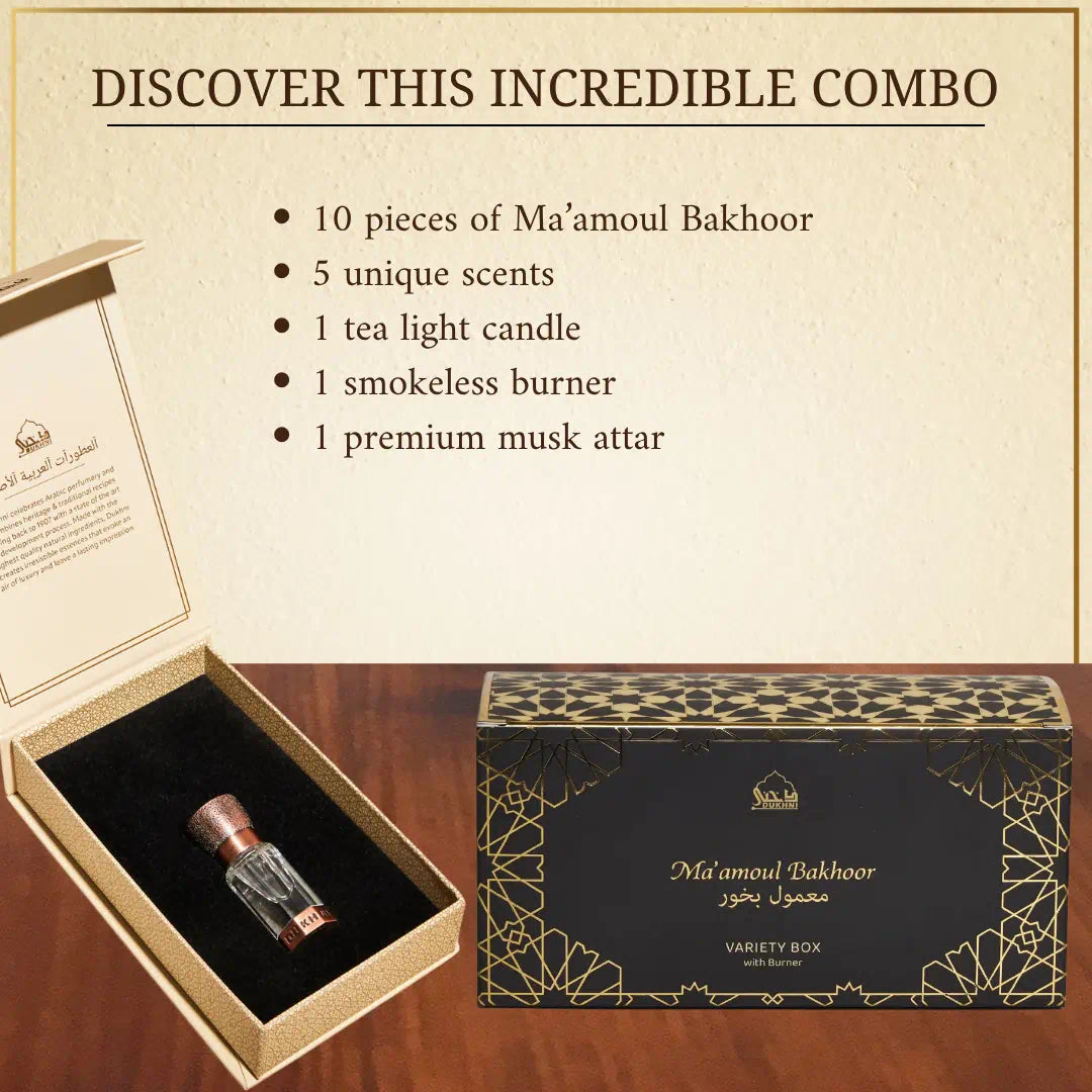 Ma'amoul Bakhoor Variety Box with Burner & Misk Rijali Attar