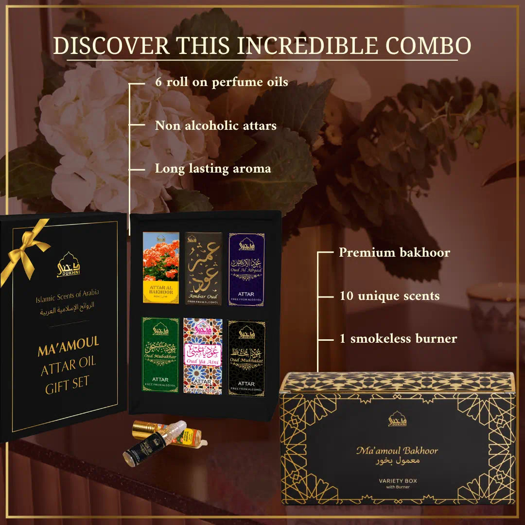 Ma'amoul Bakhoor Variety Box with Burner & Ma'amoul Attar Oil Set - 6 Bottles x 6 ml