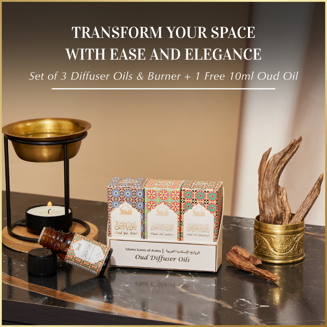Arabian Oudh Diffuser Oil Set + Classic Oil Burner & A Free 10ml Oud Oil