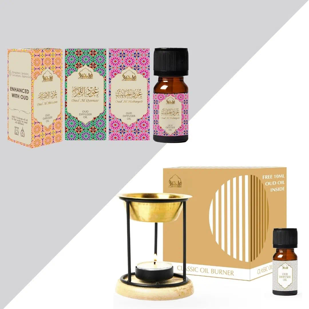 Dukhni Floral Oud Diffuser Oil Set with Diffuser Oil Burner