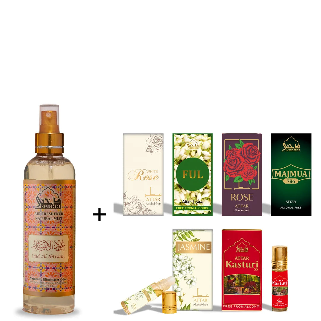 Dukhni Floral Attar Oil Set And Oud Al Ibtisam Room And Linen Spray Combo