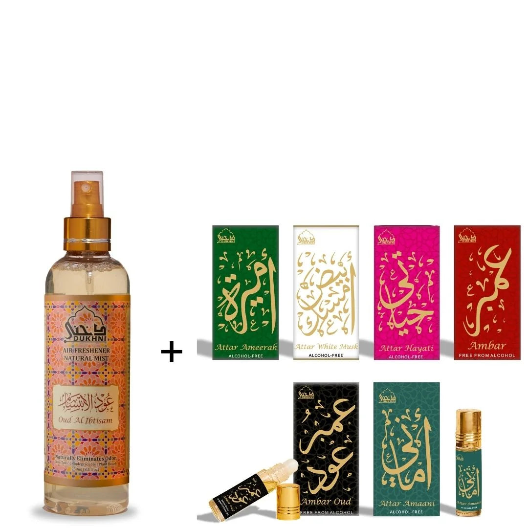 Dukhni Luxury Attar Oil Set And Oud Al Ibtisam Room And Linen Spray Combo