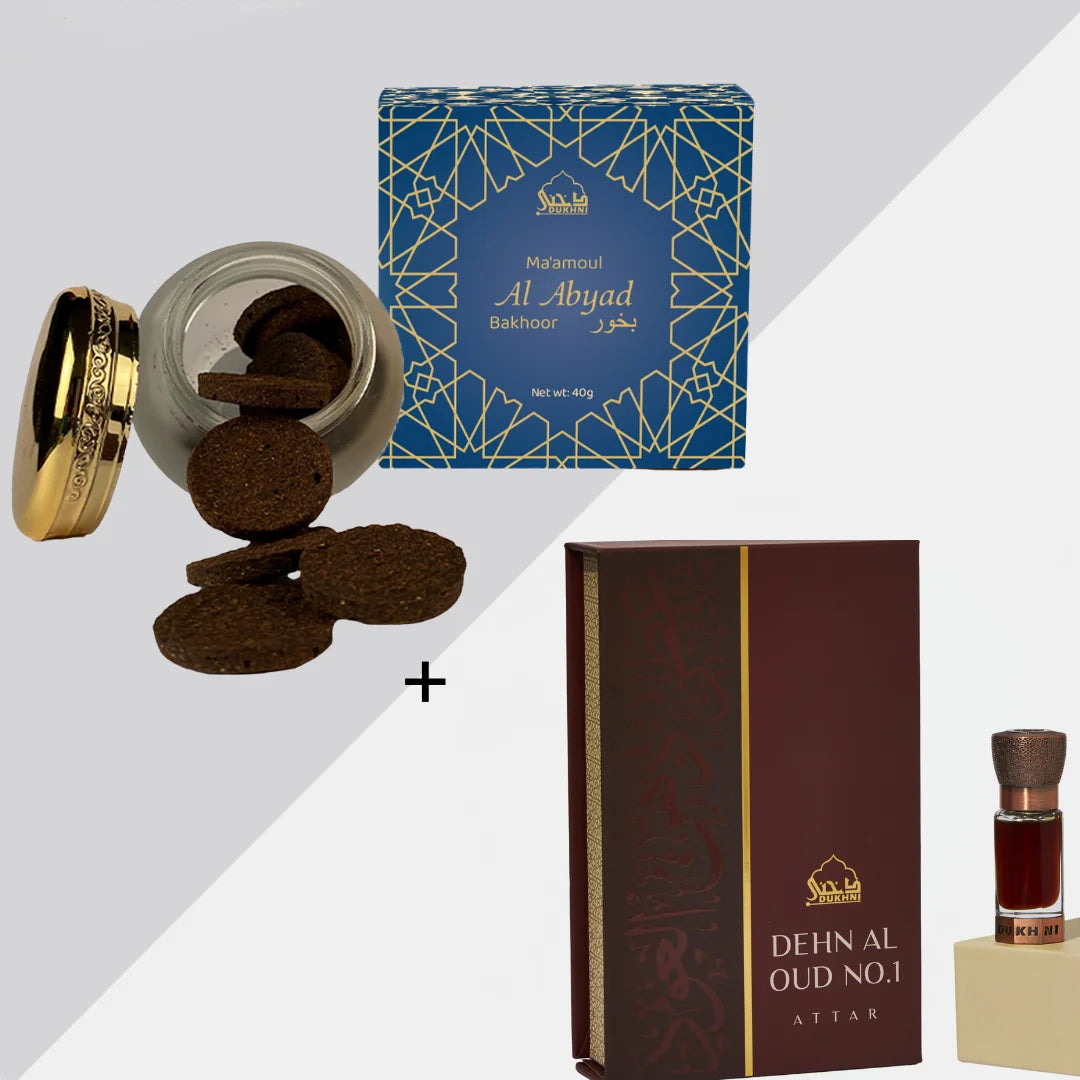 Dukhni Maamoul Al Abyad Bakhoor Dehn Al Oud Attar Oil Arabic Bakhoor Incense And Attar Oil Combo