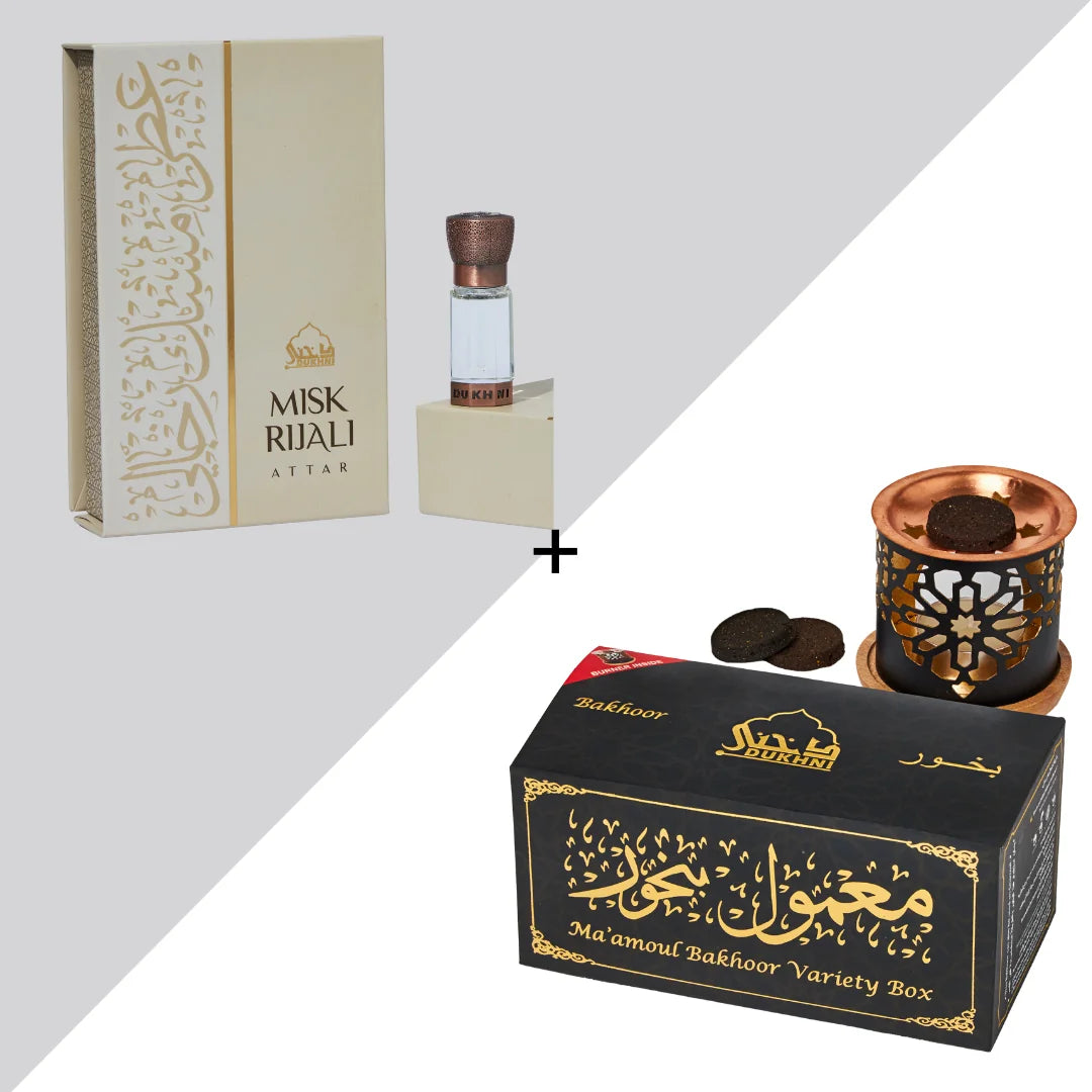 Dukhni Maamoul Bakhoor Variety Box With Burner And Misk Rijali Attar Oil Combo Eid Gift
