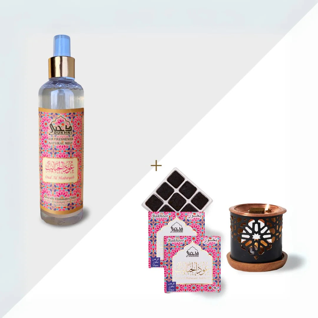 Dukhni Oud Al Habayeb Bakhoor And Room And Linen Spray Bakhoor And Mist Combo