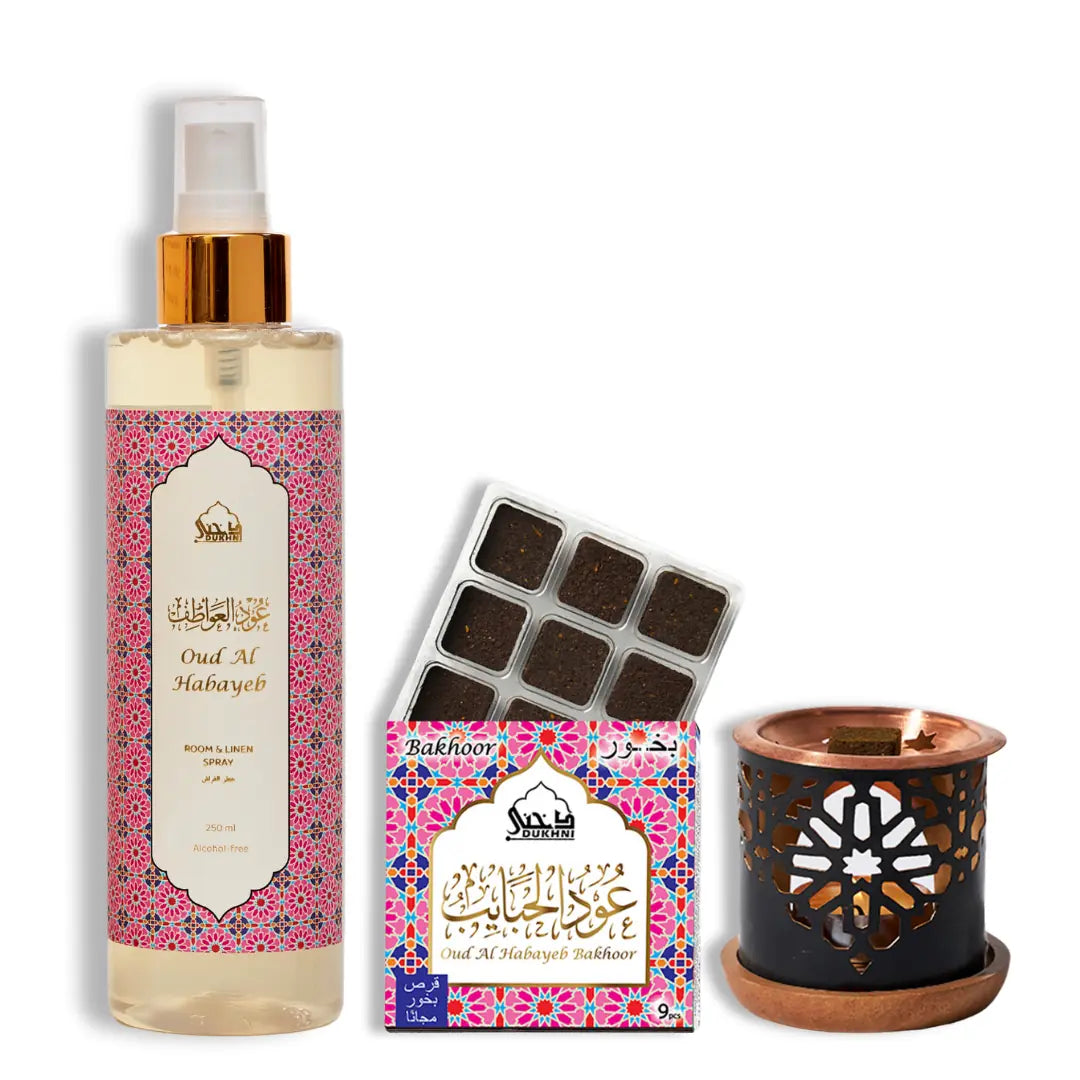 Dukhni Oud Al Habayeb Bakhoor And Room And Linen Spray Bakhoor And Mist Combo 