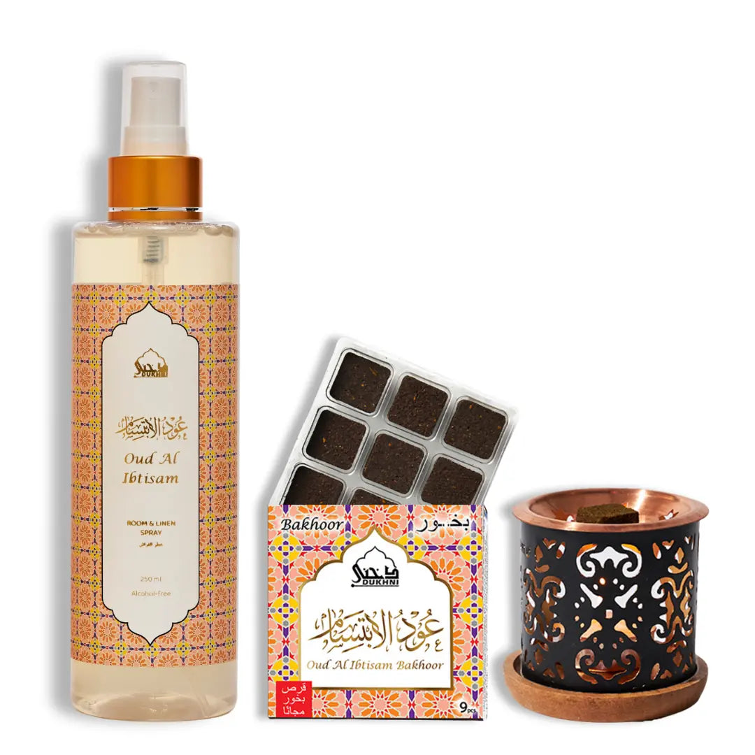 Dukhni Oud Al Ibtisam Bakhoor And Room And Linen Spray Combo 