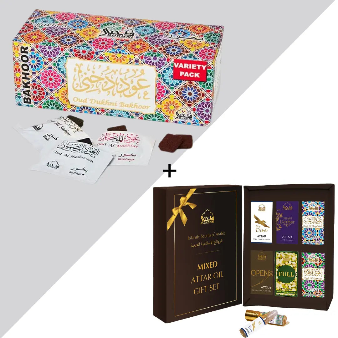 Dukhni Oud Bakhoor Variety Box And Mixed Attar Oil Set Combo Ramadan Gift