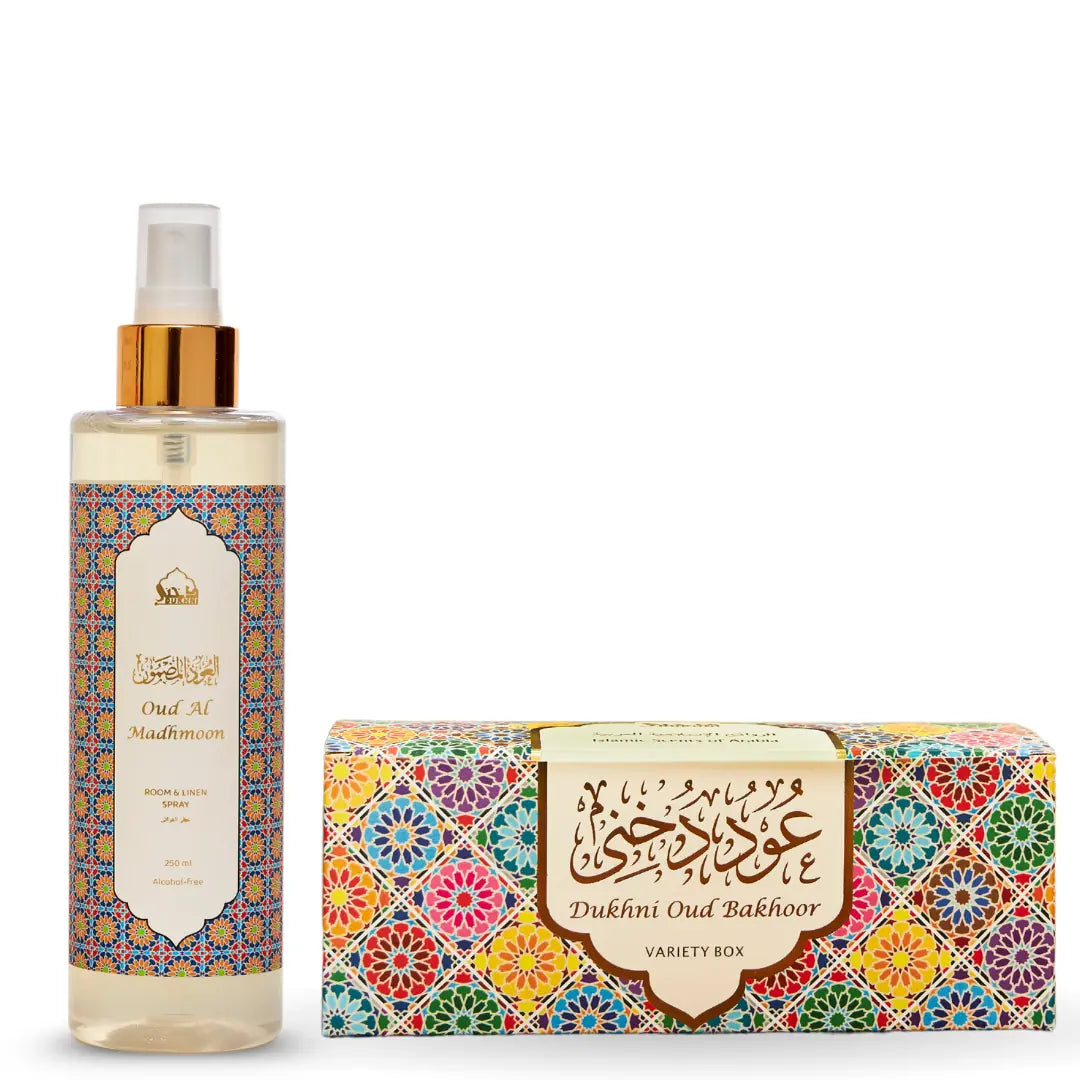 Dukhni oud bakhoor variety box refill pack and oud al madhmoon room and linen spray