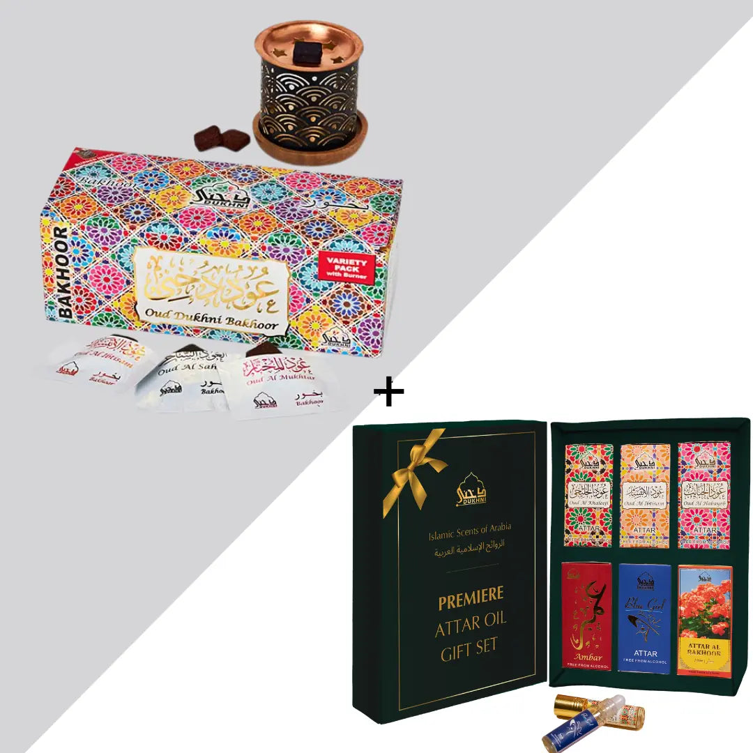 Dukhni Oud Bakhoor Variety Box With Burner And Premiere Attar Oil Set Combo Eid Gift