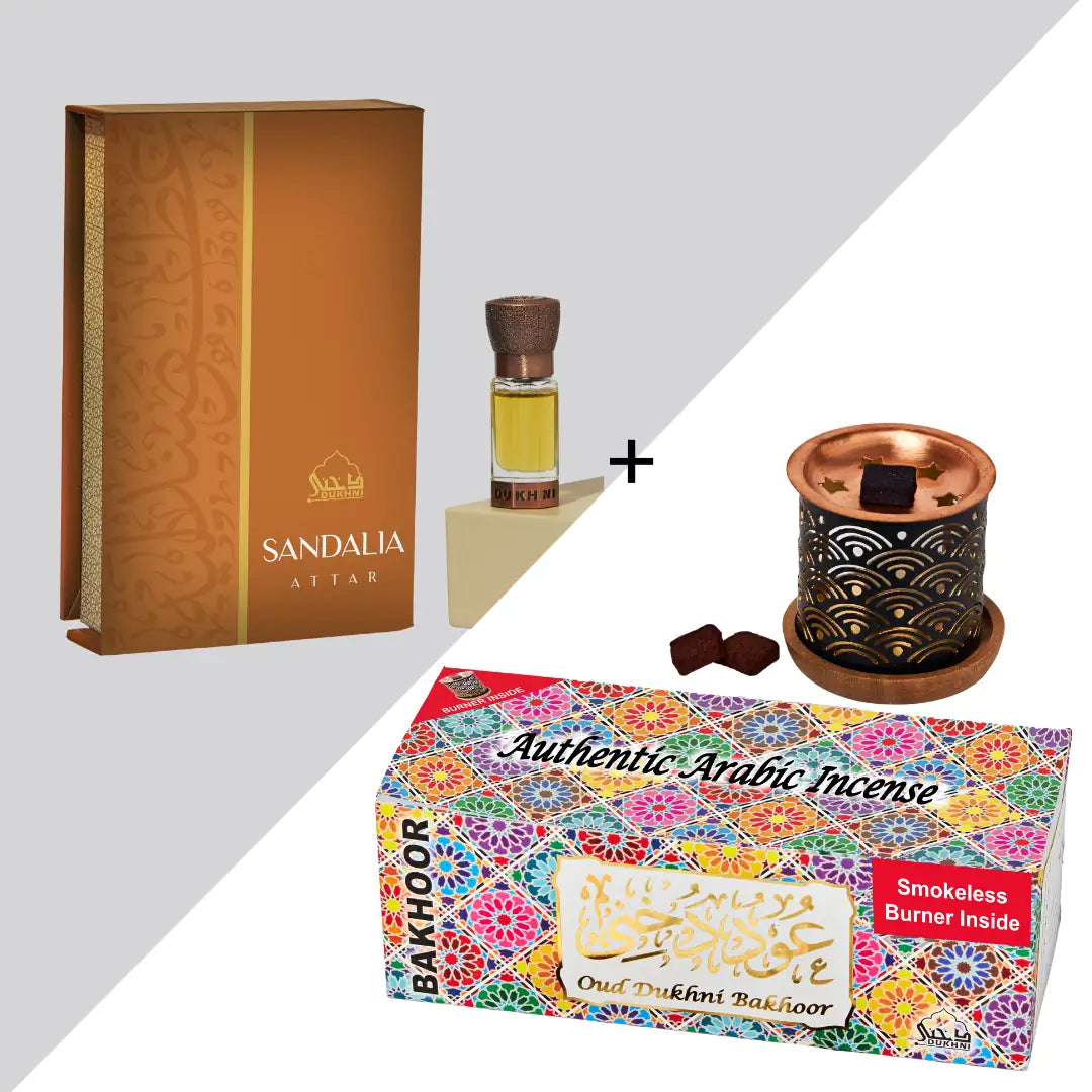 Dukhni Oud Bakhoor Variety Box With Burner And Sandalia Attar Oil Combo Eid Gift