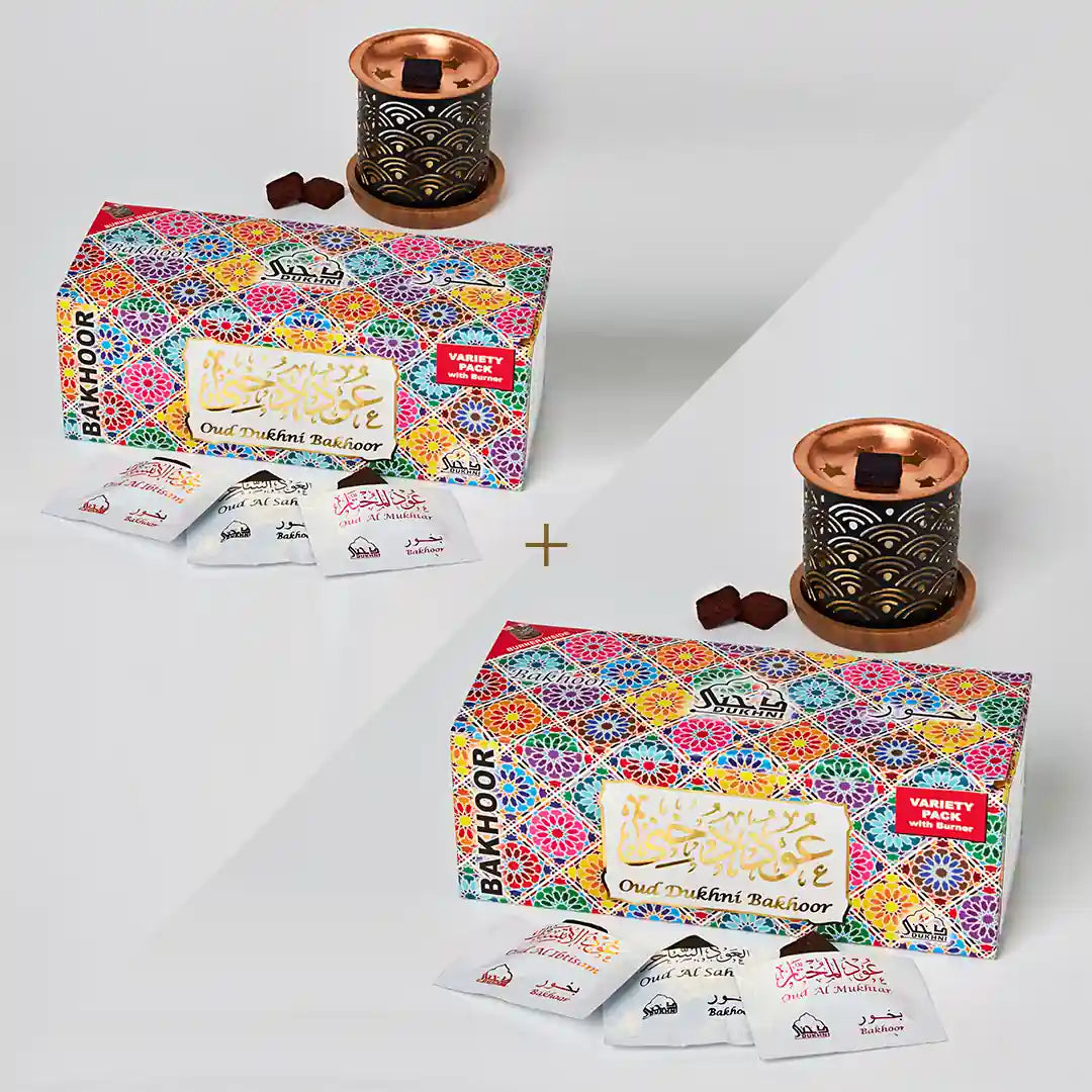 Dukhni Oud Bakhoor Variety Box With Burner Pack Of 2 Combo Assorted Arabic Fragrances