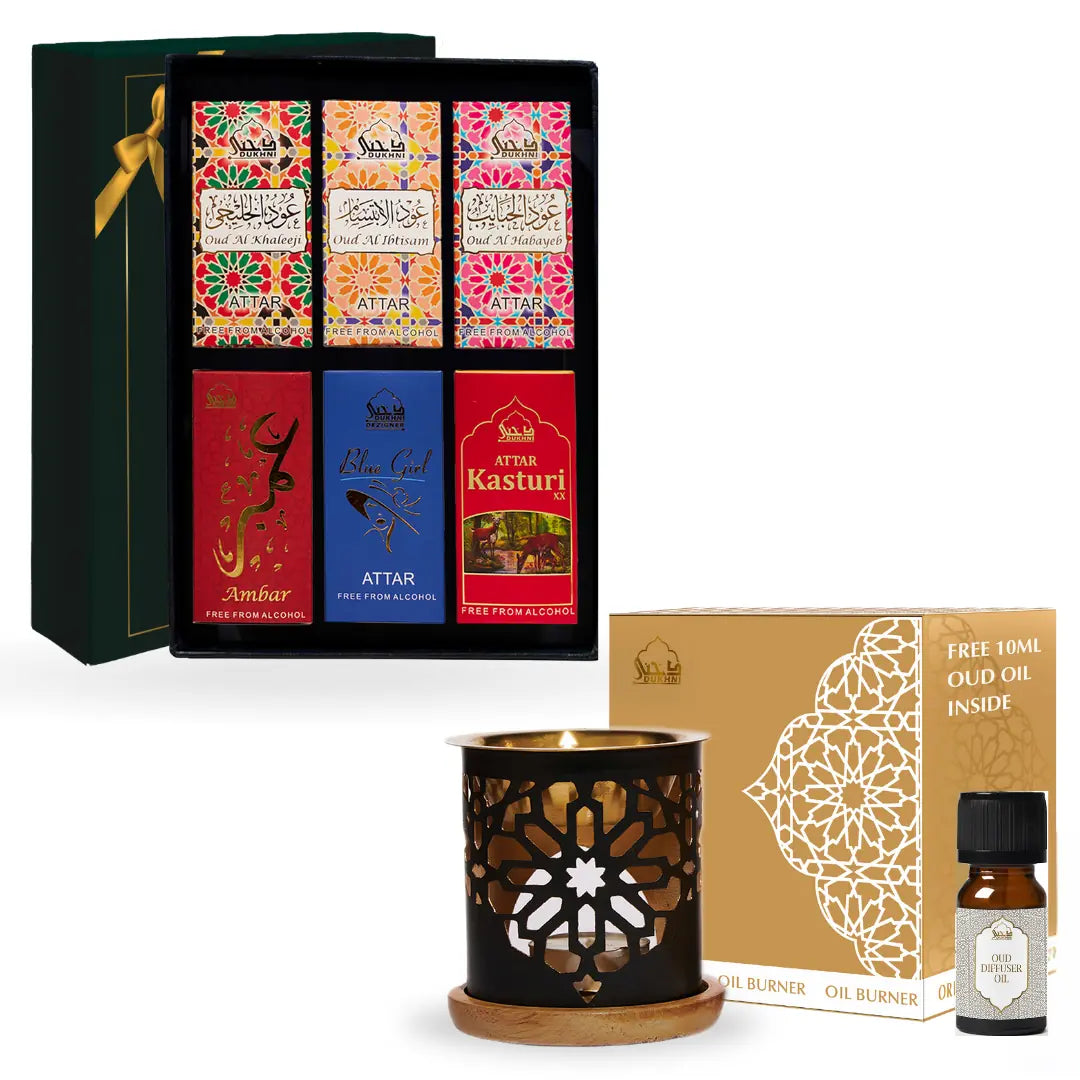 Dukhni Premiere Attar Oil Set And Oriental Diffuser Oil Burner Combo UK