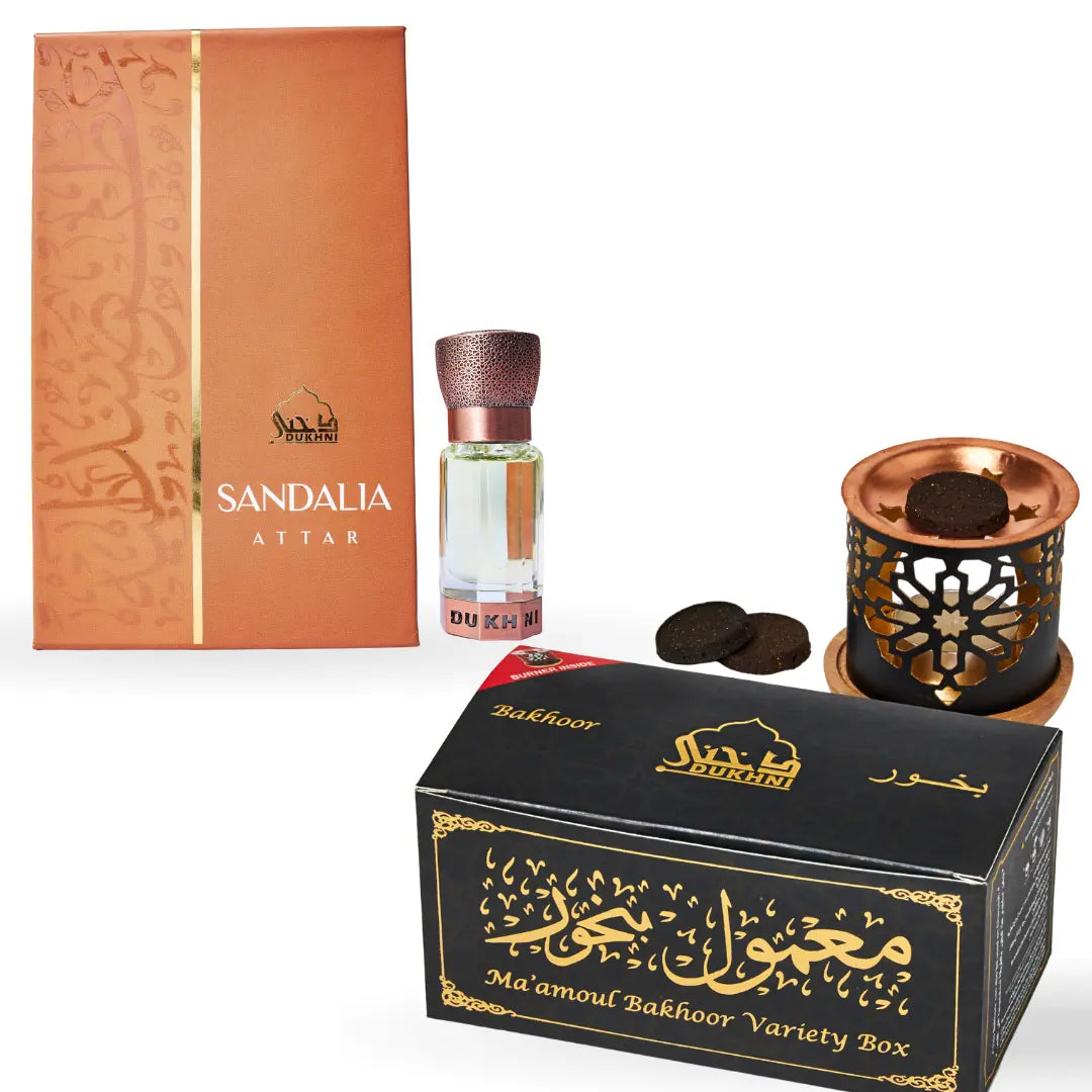 Dukhni Sandalia Attar Oil Arabic Perfume Oil & Ma'amoul Bakhoor Variety Box