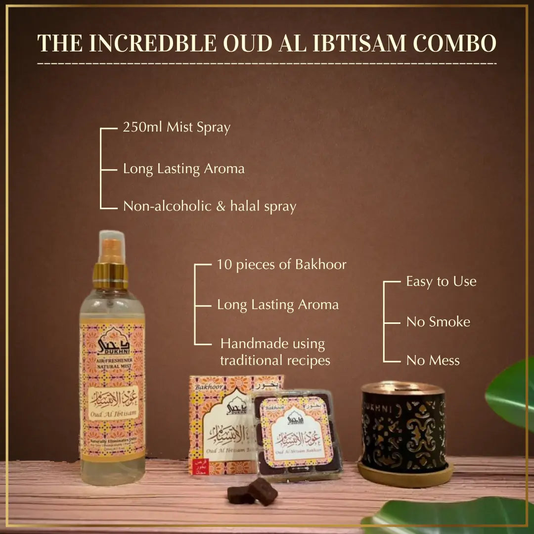 Get 10 Oud Ibtisam Bakhoor Pieces With Smokeless Mess Free Burner And 250ml Mist Spray In This Combo IN
