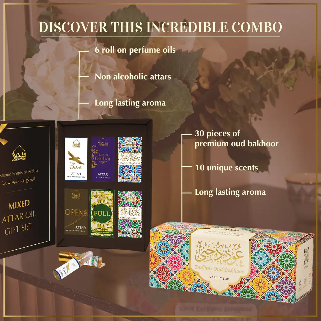 Oud Bakhoor Variety Box (Refill Pack) & Mixed Attar Oil Set - 6 Bottles x 6 ml