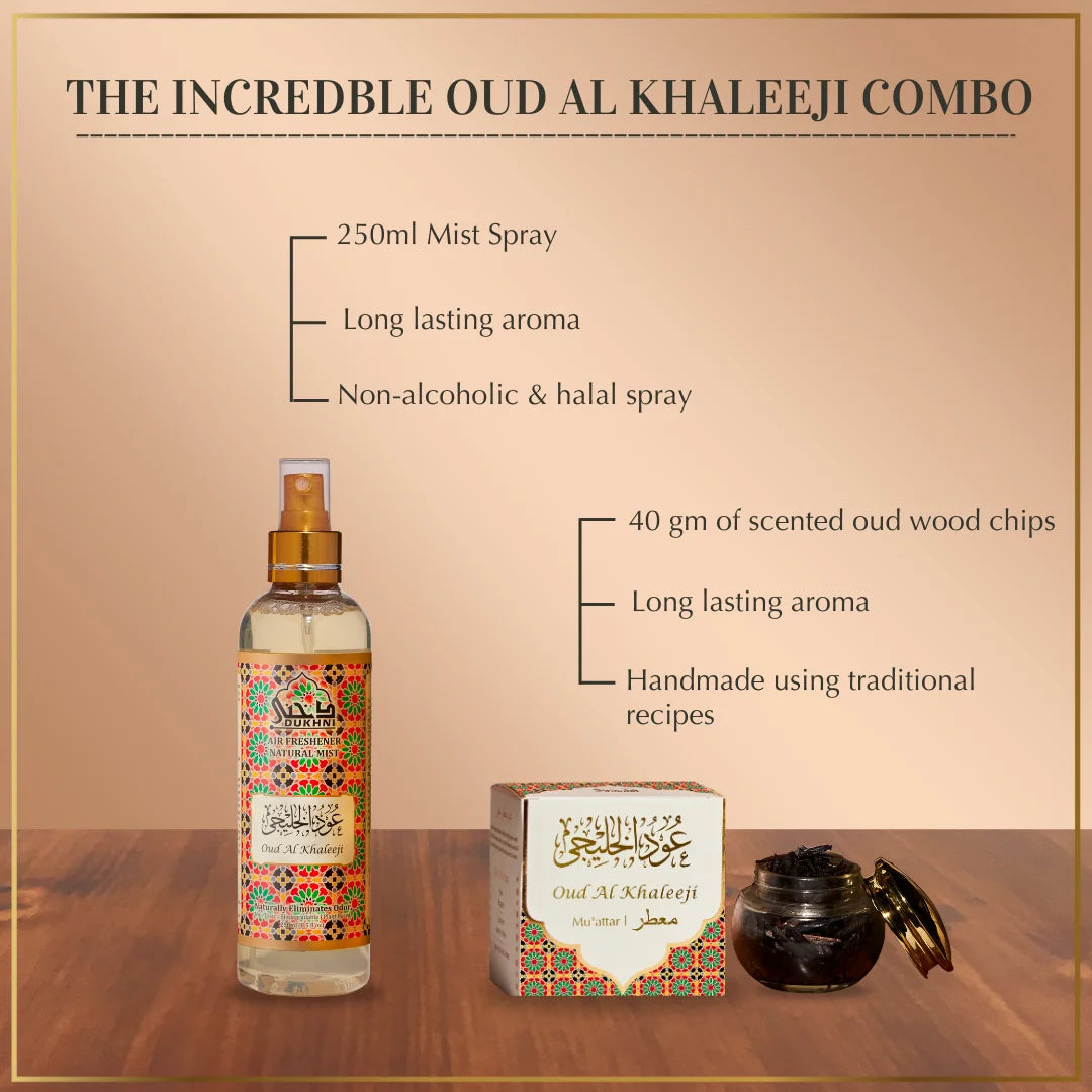 Get 40 Grams Khaleeji Muattar Bakhoor Scented Oud Woodchips Jar And 250ml Natural Oud Spray