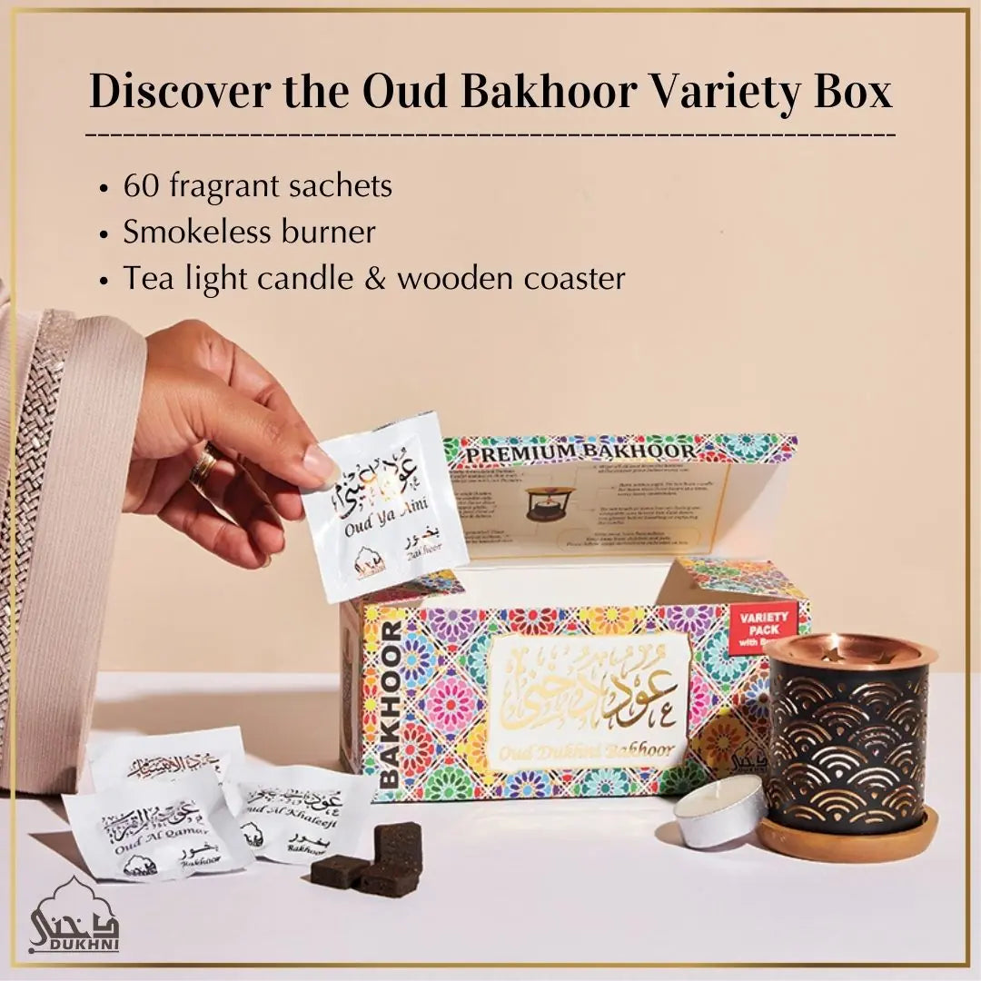Luxurious Bakhoor Dukhni Oud Bakhoor Variety Box With Burner 60 Sachets 10 Scents Smokeless Burner