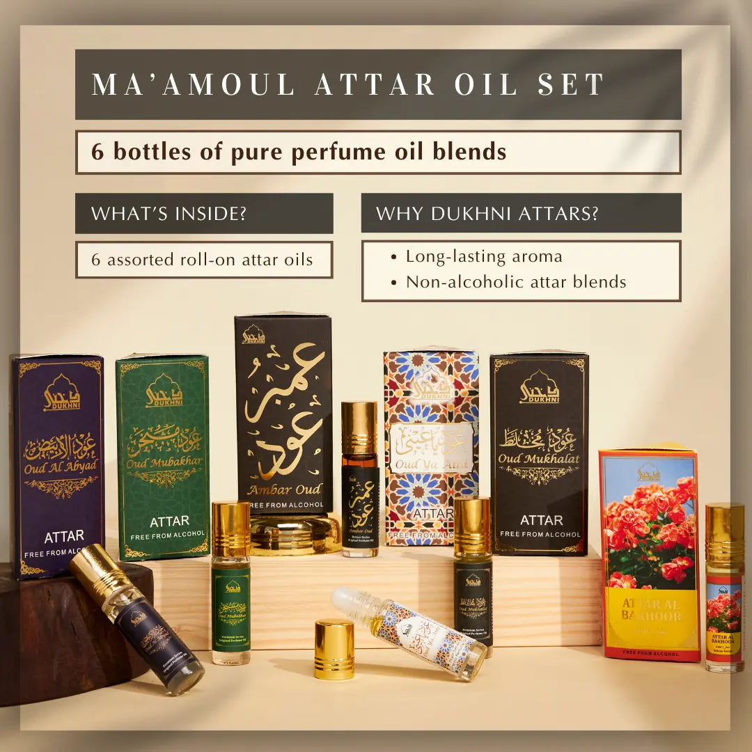 Maamoul Attar Oil Set 6 Non Alcoholic Assorted Roll On Attar Oil Blends Long Lasting Aroma Lasts For 14 Hours