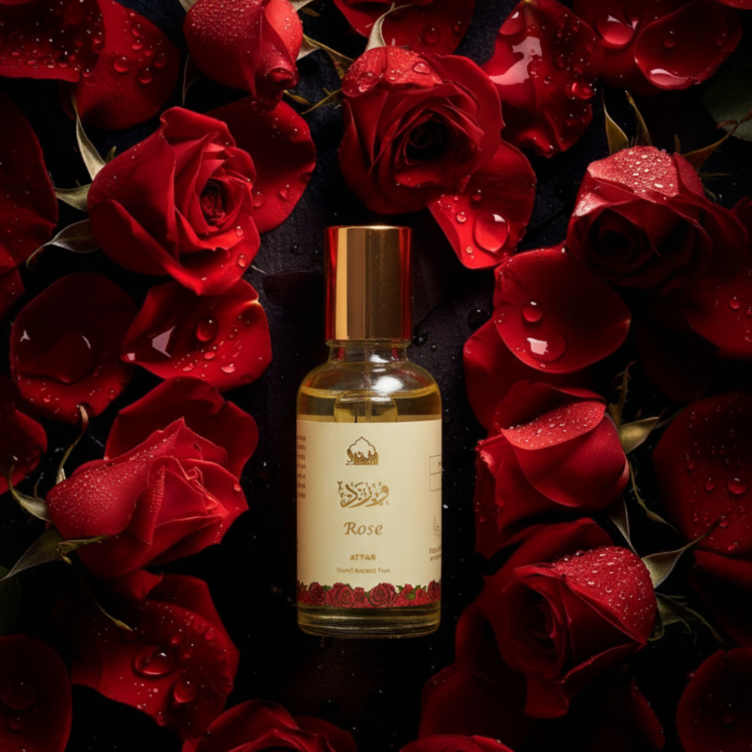 Bottle of 'Rose' attar surrounded by red roses with water droplets.